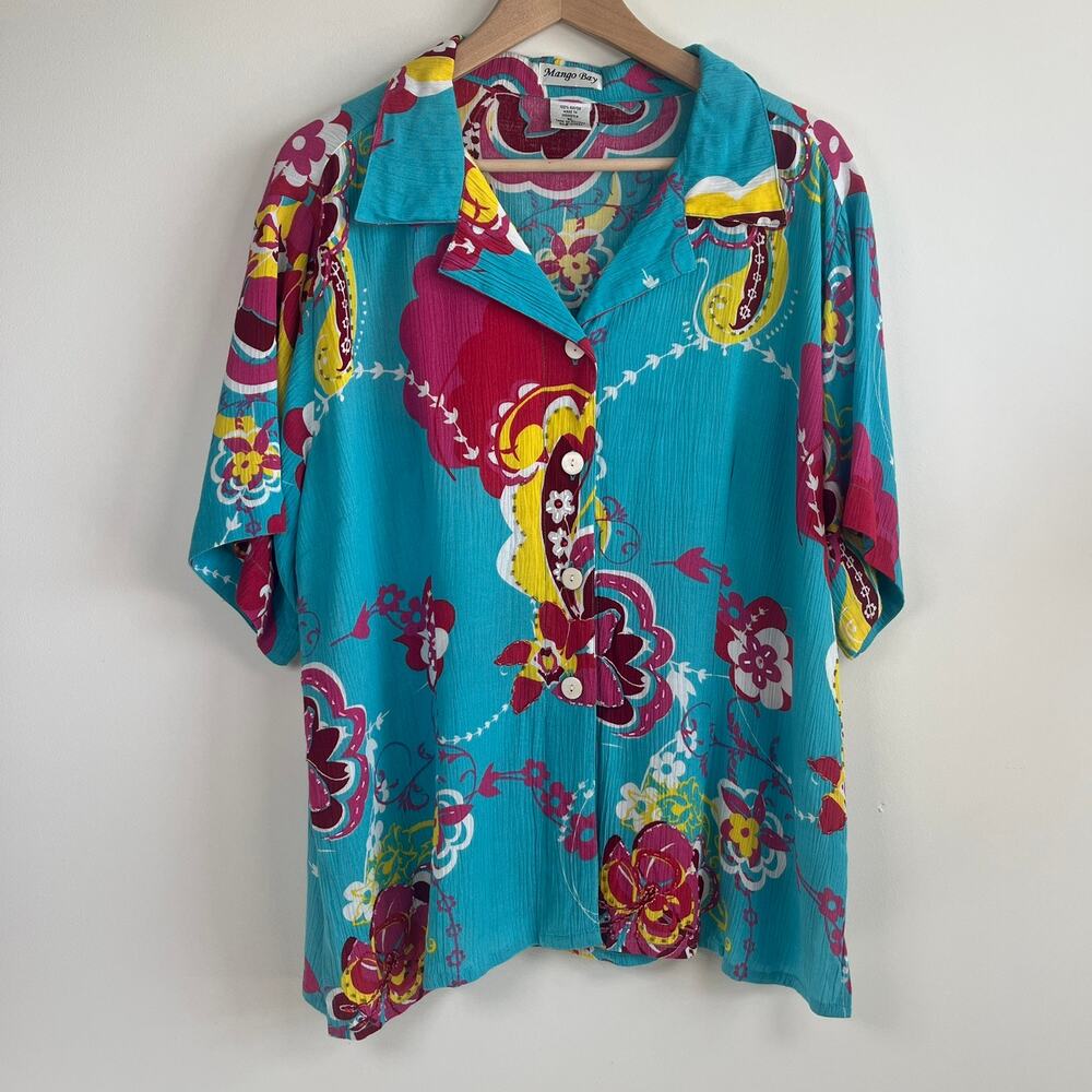 Mango Bay Floral Beaded Button Blouse Shirt Blue Women XL Rayon Bright Hawaiian